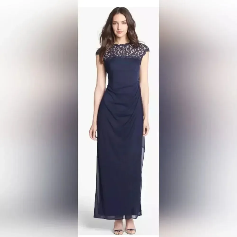 Alex Evenings Lace Ruffle Column Gown NWT size 10 Navy Blue